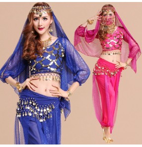 Royal blue hot pink fuchsia red yellow purple violet sequins gold coins women's ladies female competition stage performance dresses costumes outfits sets